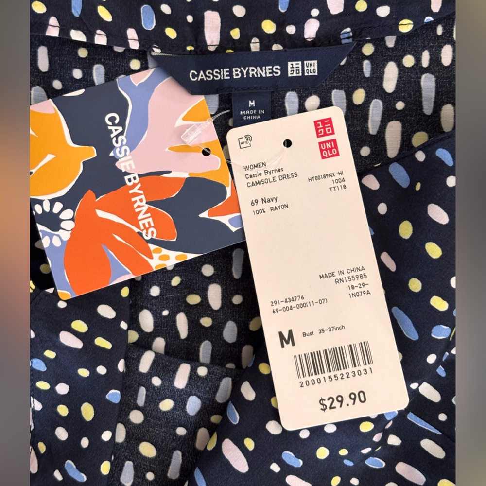 UNIQLO Cassie Byrnes Navy Abstract Print Camisole Dress Spaghetti Strap M NWT - Picture 3 of 9
